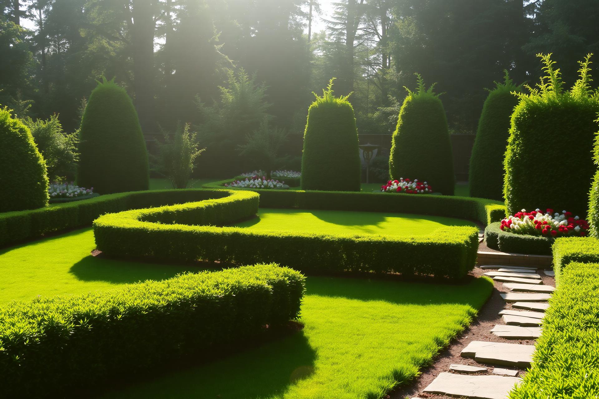 Gepflegter Garten mit Hecken und Blumen
